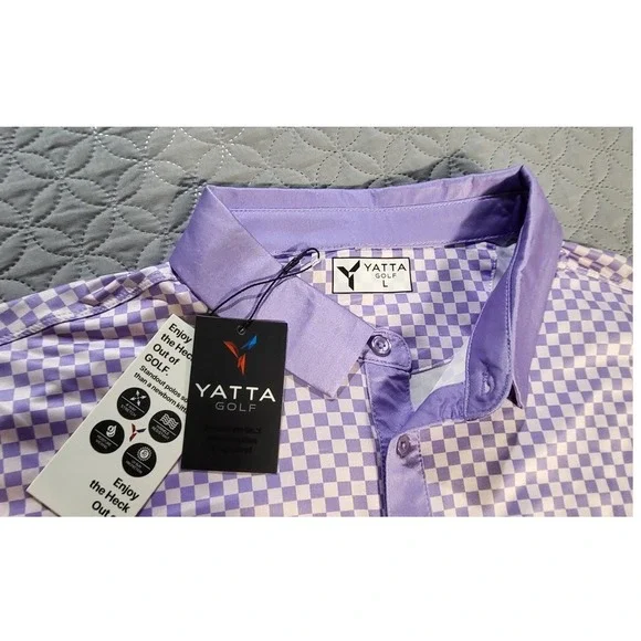 YATTA Golf Polo Shirt Mens Large Purple‎ Checkered Short Sleeve Collared - Picture 3 of 6